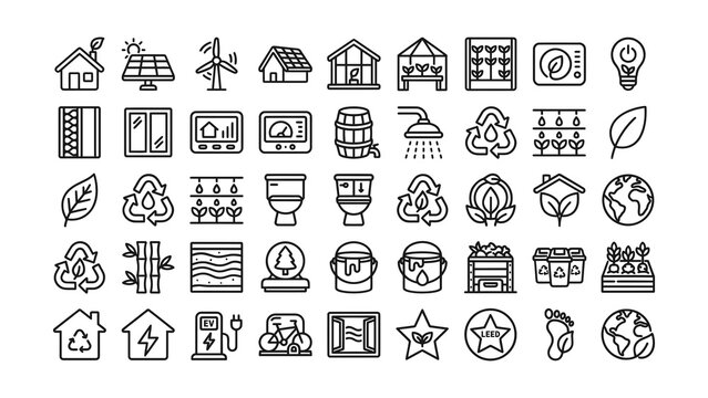 Collection of eco friendly and sustainable living icons isolated on transparent background