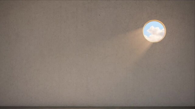 Minimal cinematic timelapse background with circular window, sunlight, soft clouds, blue sky, textured gray concrete wall, quiet interior architecture, serene negative space, copy space
