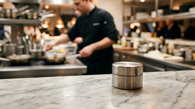 Stainless steel kitchen timer on marble counter in restaurant kitchen