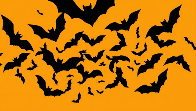 Many black bats flying in a swarm on a bright orange background for halloween celebration
