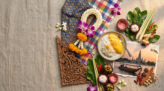 Thai travel flat lay with mango sticky rice and silk fabric