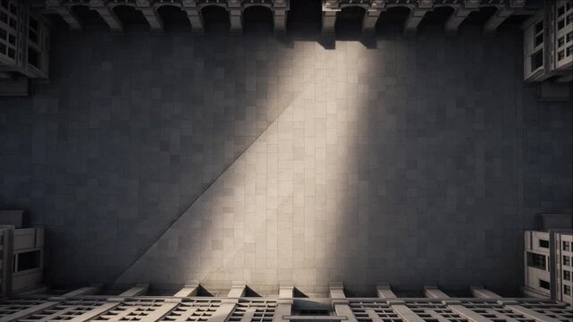 Cinematic minimal timelapse background with sunlight shadow crossing geometric urban courtyard, dark tiled architectural walls, dramatic narrow beam, atmospheric stone detail and quiet interior