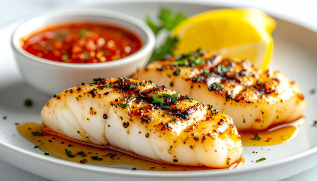 Gourmet grilled white fish fillet with spicy red dipping sauce and fresh lemon on a white plate