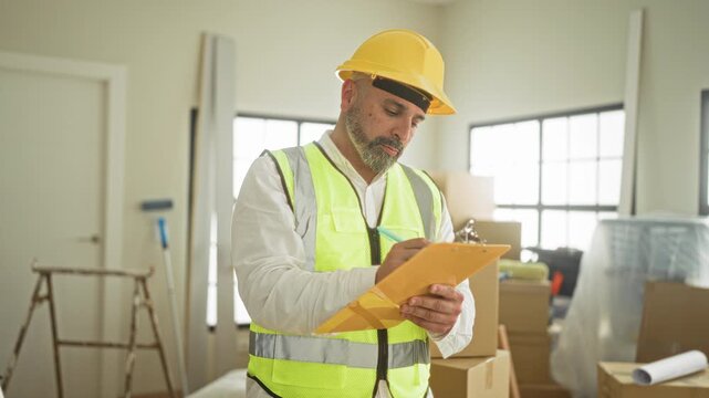 Man in hard hat writing on clipboard among packed boxes and ladder in a building under renovation; focused planning.