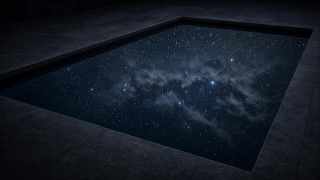 Cinematic minimal timelapse background featuring dark reflective pool mirroring star filled night sky, luminous galaxy, atmospheric astronomy reflection, modern stone architecture, dark cinematic
