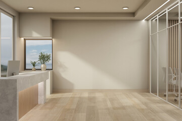 Naklejka premium Modern Office Reception Lobby with Blank Wall Mockup and Glass Meeting Room