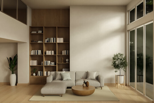 Modern Japandi Living Room Interior with Sofa Wooden Bookshelf and Blank Wall
