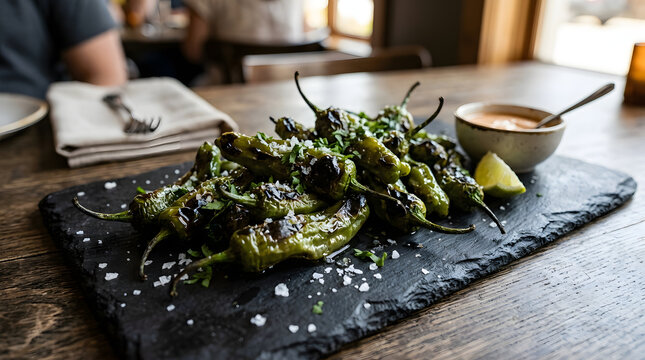 Plate of roasted green padron peppers with sea salt served with lime wedge and dipping sauce.