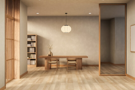 Minimalist Japandi Dining Room with Wooden Table Paper Lantern and Bookshelf