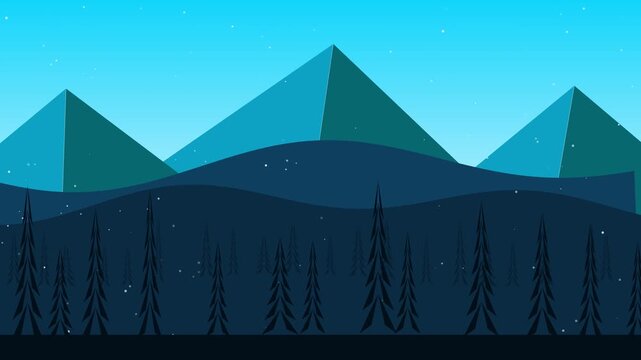 Animated mountain landscape flat design with falling snow