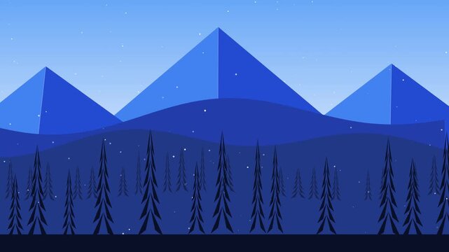 Pixel art landscape animation with blue mountains and pine trees