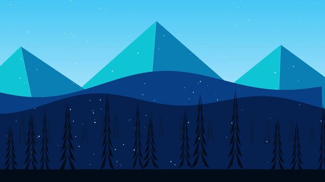 Minimalist mountain landscape with falling snow animation