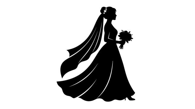 Bride Silhouette with Veil and Bouquet