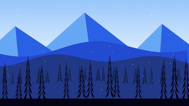 Pixel winter landscape with snowy mountains and pine trees