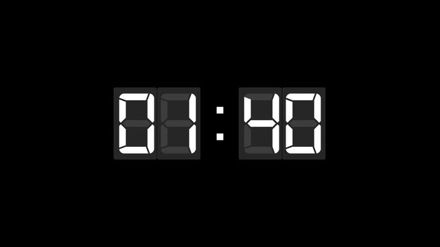 Digital clock display showing the timer in a glossy 3D seven-segment style on a black background. Futuristic design with representing time, technology, precision, countdown, and scheduling concept.