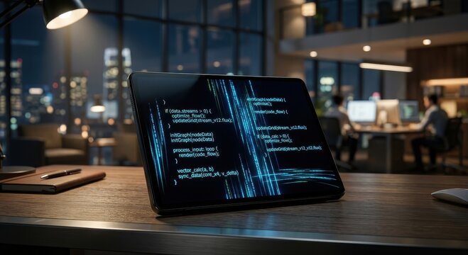 Modern tablet displaying glowing blue code lines on its screen, set on a wooden desk in an office environment