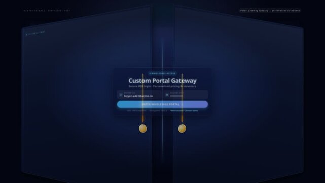 Digital portal gateway opening to reveal professional wholesale business dashboard, for enterprise supply chain management, data analytics, order tracking, efficient inventory operations