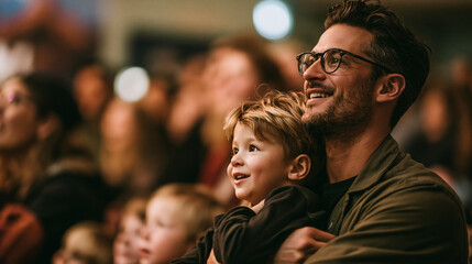 Obraz premium Father and Son Sharing a Joyful Moment at a Live Family Event