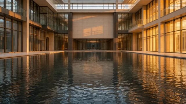 Cinematic Minimal Modern Glass Atrium Reflective Pool Warm Evening Light Timelapse Creating Tranquil Architectural Symmetry for Urban Design Background