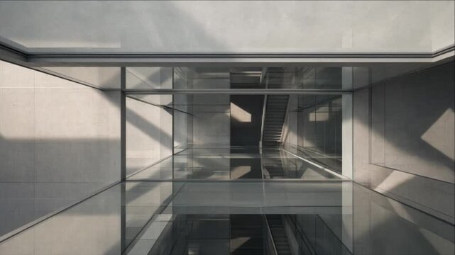 Minimal cinematic architectural timelapse background featuring modern glass corridor, reflective atrium surfaces, geometric shadows, concrete structure, and calm contemporary composition for design