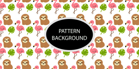 Tropical Pattern Background with Cute Sloths and Flamingos on White Wallpaper © Griyolabs