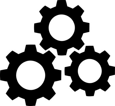 Three black gear wheels connected together as a team isolated on transparent background