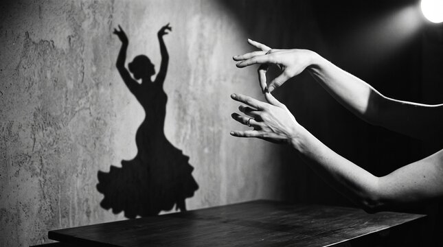 Black and white image of hands creating a shadow puppet of a graceful dancer on a textured wall