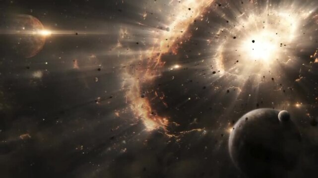Golden light and glowing nebular mist radiate intensely from the center of the blast, sending out shockwaves, energy waves, and scattered chunks of material or asteroids.