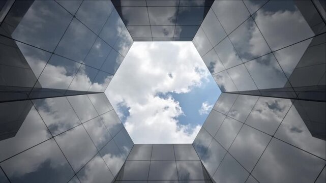 Cinematic Minimal Timelapse Background of Geometric Architecture Atrium with Reflective Glass Panels, Cloudy Sky, Cloud Reflection, Futuristic Symmetry and Urban Atmosphere