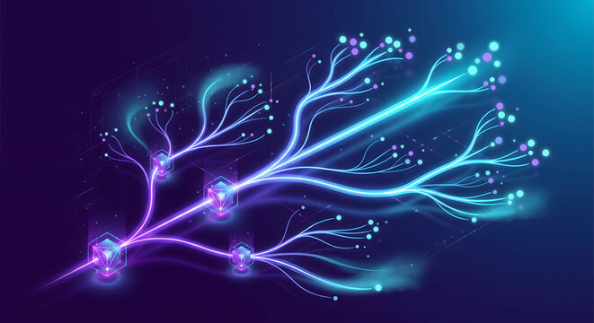 Digital branching network visualization with connected data nodes