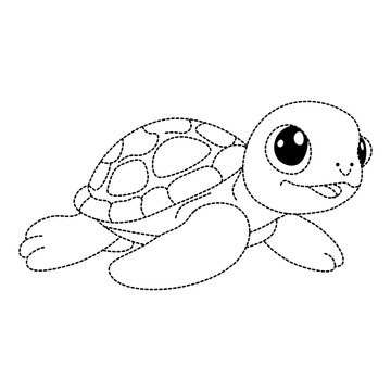 Cute turtle swimming forward with large eyes and patterned shell outline illustration.
