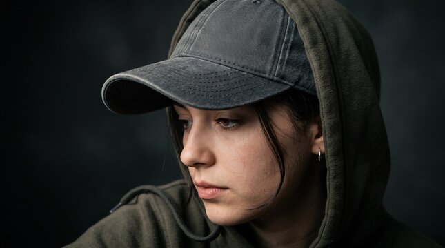 young woman wearing washed black baseball cap and hooded sweatshirt looking down in dark studio