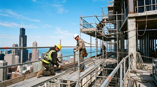 Construction workers assembling metal scaffolding on a high rise building exterior