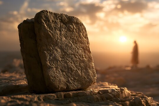 Ancient stone tablet with mysterious inscriptions standing on a rocky desert landscape at sunset with a distant figure