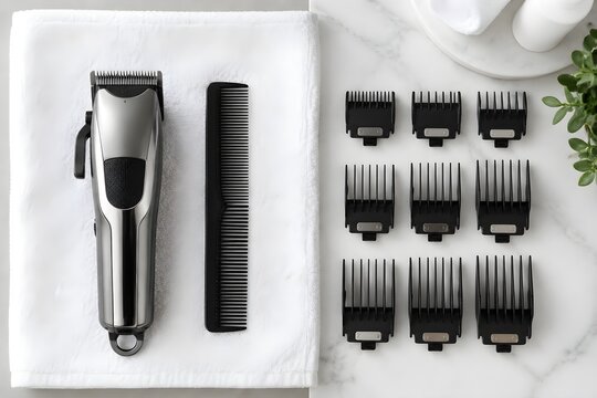 Hair Clippers on White Towel with Organized Guards Create a Fresh Professional Barber Preparation Setup