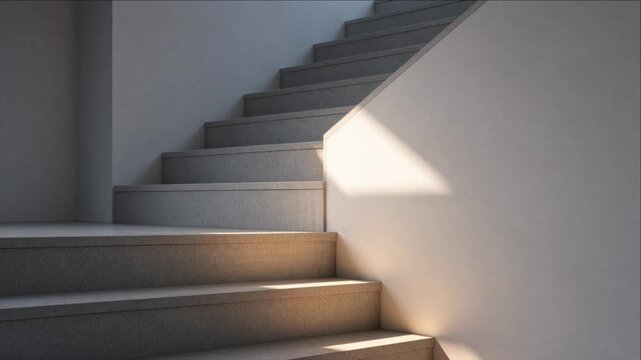 Minimal cinematic timelapse background featuring modern concrete stairway architecture and interior, warm sunlight casting geometric shadow across quiet space with gradual light movement