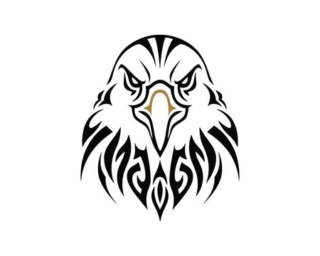 Tribal eagle head logo design, vector illustration of a hawk or falcon head with sharp lines and golden beak