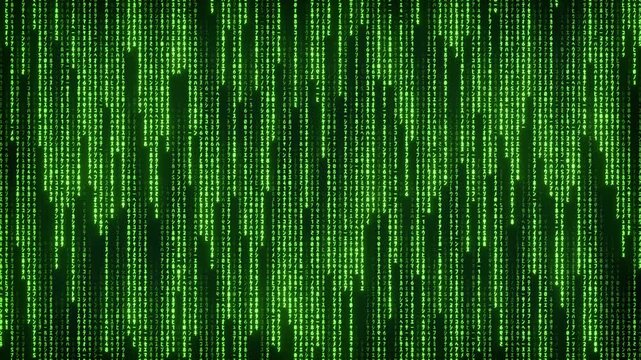 Digital characters, numbers, and symbols appear to fall from top to bottom, forming dynamic wave patterns with a neon light effect.