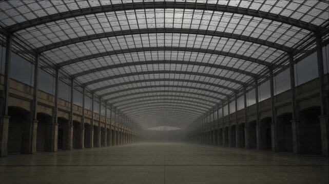 Cinematic minimal timelapse of empty industrial hall with vaulted roof and glass roof, repeating column perspective, polished reflective floor, architectural background, symmetrical depth