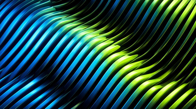 Abstract background with flowing metallic waves in blue and green gradient colors, 3d rendered illustration of smooth rippled surfaces with a modern futuristic design