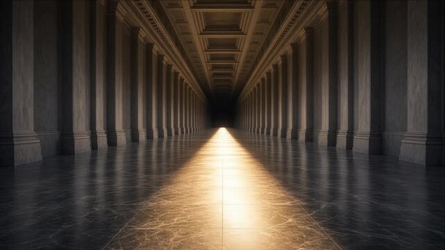 Cinematic minimal timelapse background, grand classical corridor with marble columns, reflective polished floor, warm light, deep architectural symmetry, dramatic interior hallway perspective