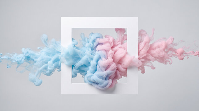 Abstract composition of blue and pink ink clouds swirling together through a white square frame, creating a vibrant and artistic visual effect on a grey background