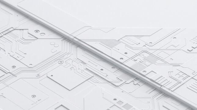 Abstract white technological background with 3d circuit board patterns, futuristic digital texture, and intricate electronic pathways, isolated on white background