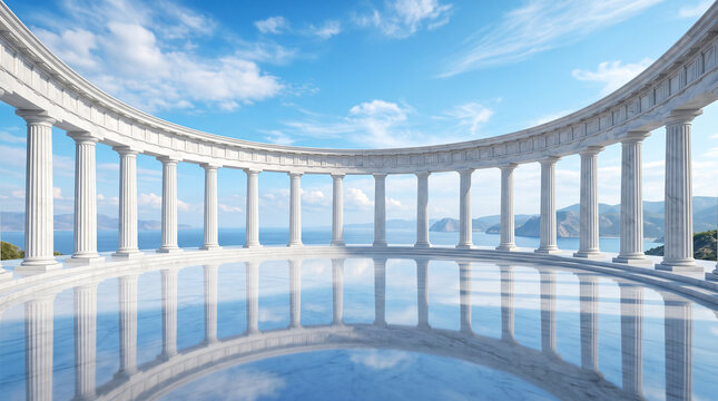 A majestic circular marble colonnade overlooking a serene blue sea under a bright sky, creating an elegant architectural vista with perfect reflections
