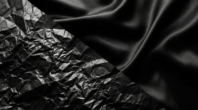 Abstract background with a contrast between crumpled black paper texture and smooth flowing black fabric silk material
