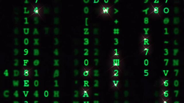 Neon green characters consisting of numbers, letters, and symbols flow vertically from top to bottom on a pitch-black background.