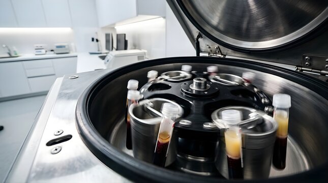 Laboratory centrifuge spinning test tubes with blood samples in a clinic