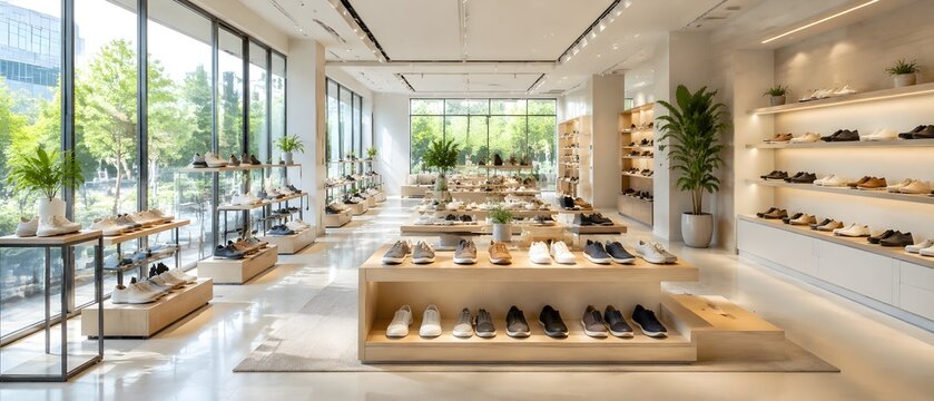 Bright Footwear Showroom Uses Floor to Ceiling Windows and Morning Daylight to Showcase Organized Shoes