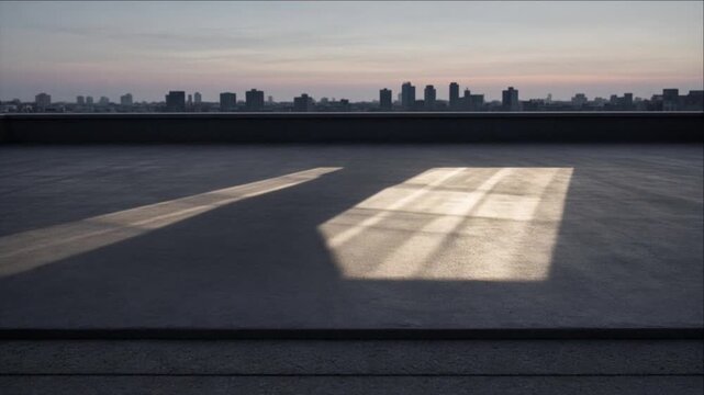 Cinematic Minimal Timelapse Background Soft Sunlight, Long Shadow, Urban City Skyline Reflections Across Dark Rooftop at Dusk, Calm Spacious Composition for SEO Friendly Video URL
