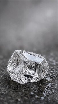 Diamond gemstone crystal sparkling transparent faceted rough mineral jewel luxury ice cube ornament cinematic timelapse background melting reflective frosted texture wet dark stone cold atmosphere